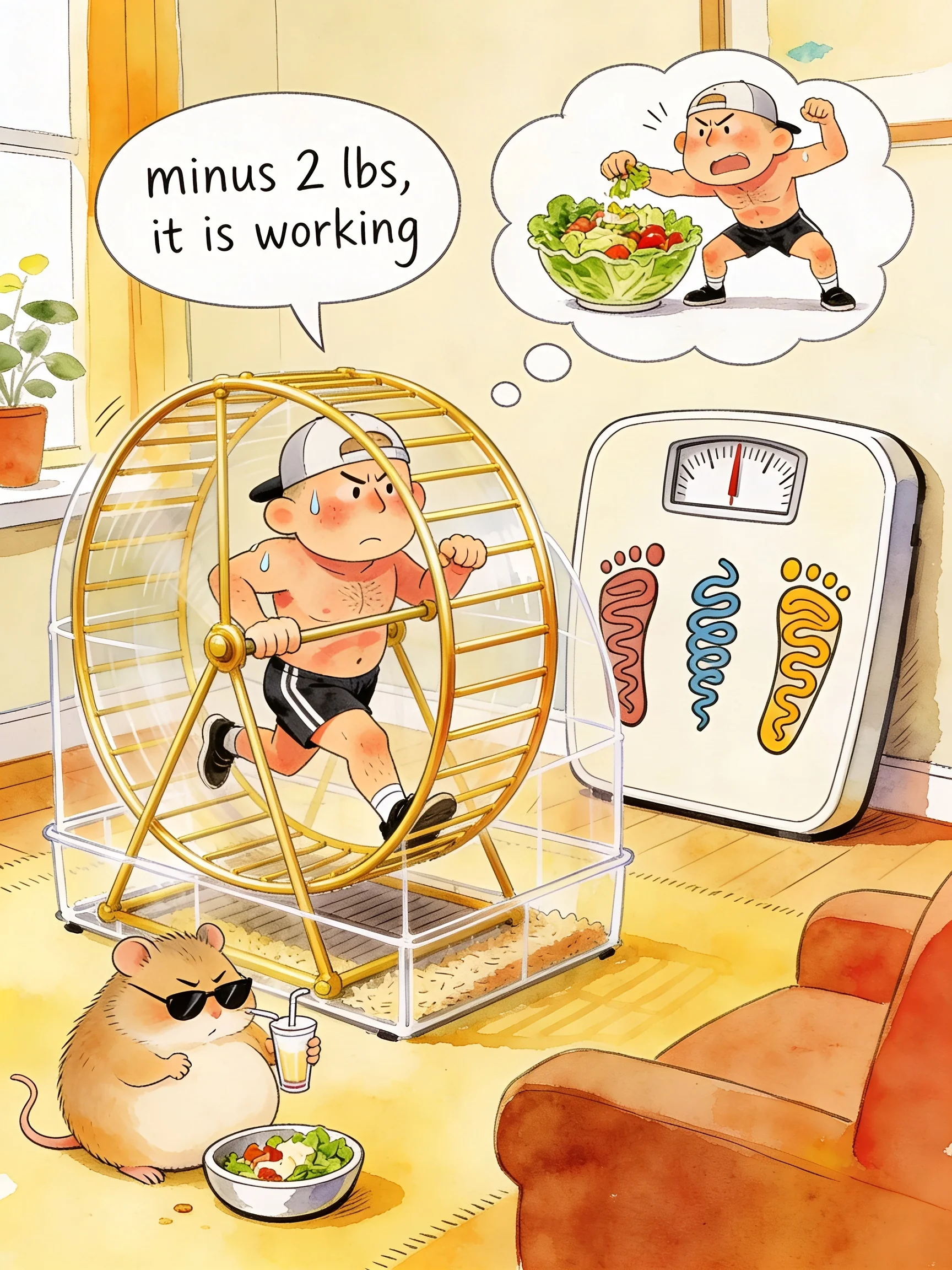 Storybook watercolor of a chubby young man in a backwards baseball cap and black shorts running red-faced inside a giant hamster wheel, a speech bubble above him reading minus 2 lbs it is working, a heroic thought bubble of him eating a salad and flexing, while on the floor below a chubby cartoon hamster in tiny sunglasses grabs his own round belly and looks down at his salad bowl while sipping a small milkshake